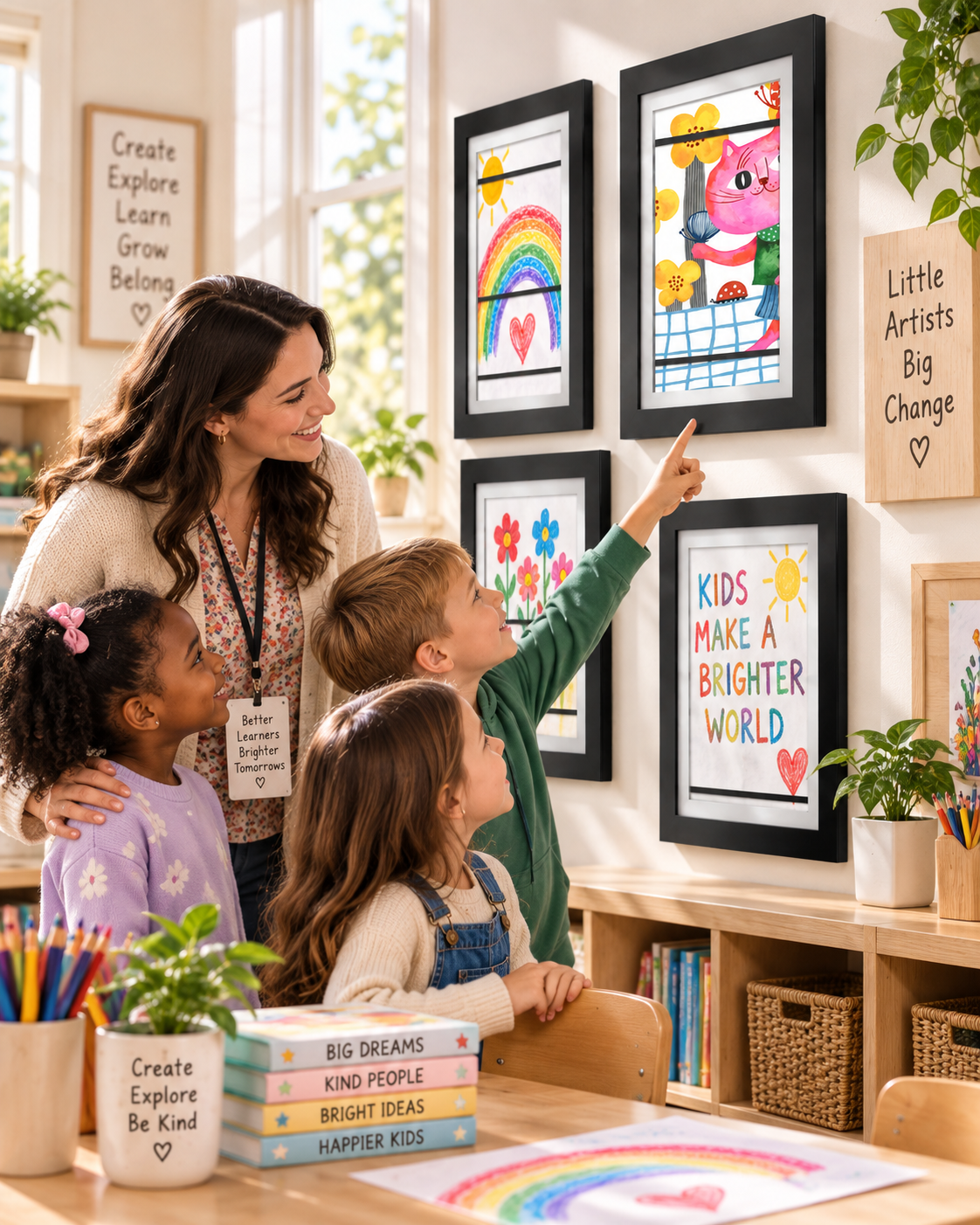 A teacher and three children pointing at a classroom gallery wall of black MyPicasso frames displaying student artwork