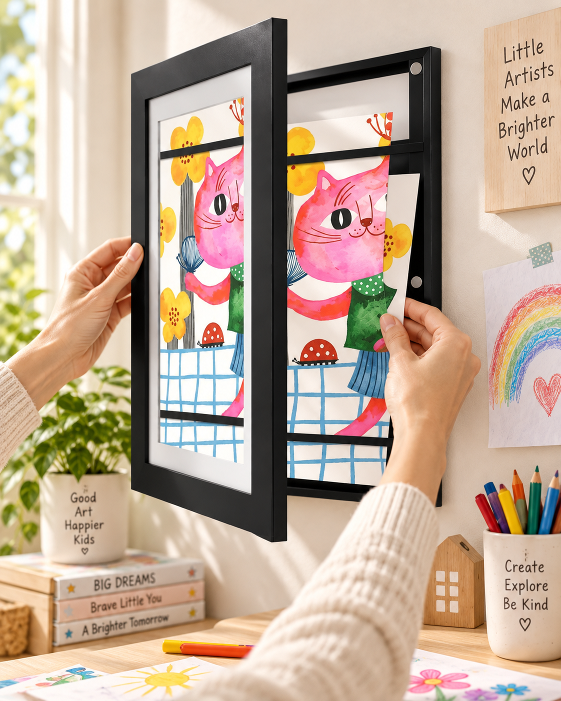 Parent hanging a child's colorful cat drawing inside an open black MyPicasso magnetic art frame