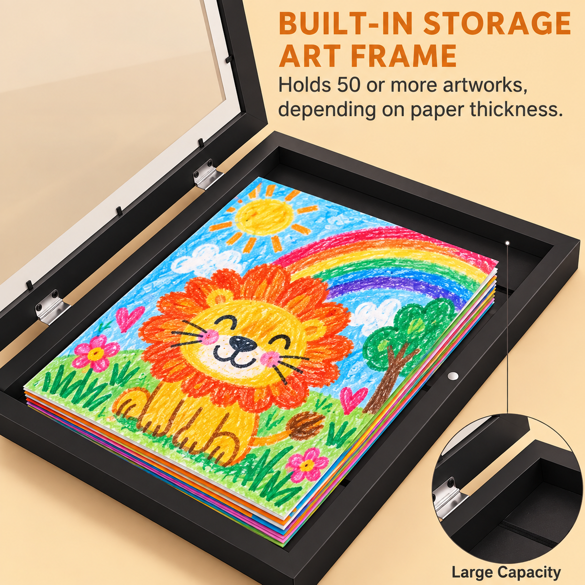 Black MyPicasso art frame opened flat, showing a stack of stored children's drawings with a lion illustration on top